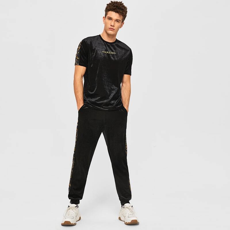 

Guys Letter Embroidered Velvet Top & Scarf Tape Side Joggers Set, Black