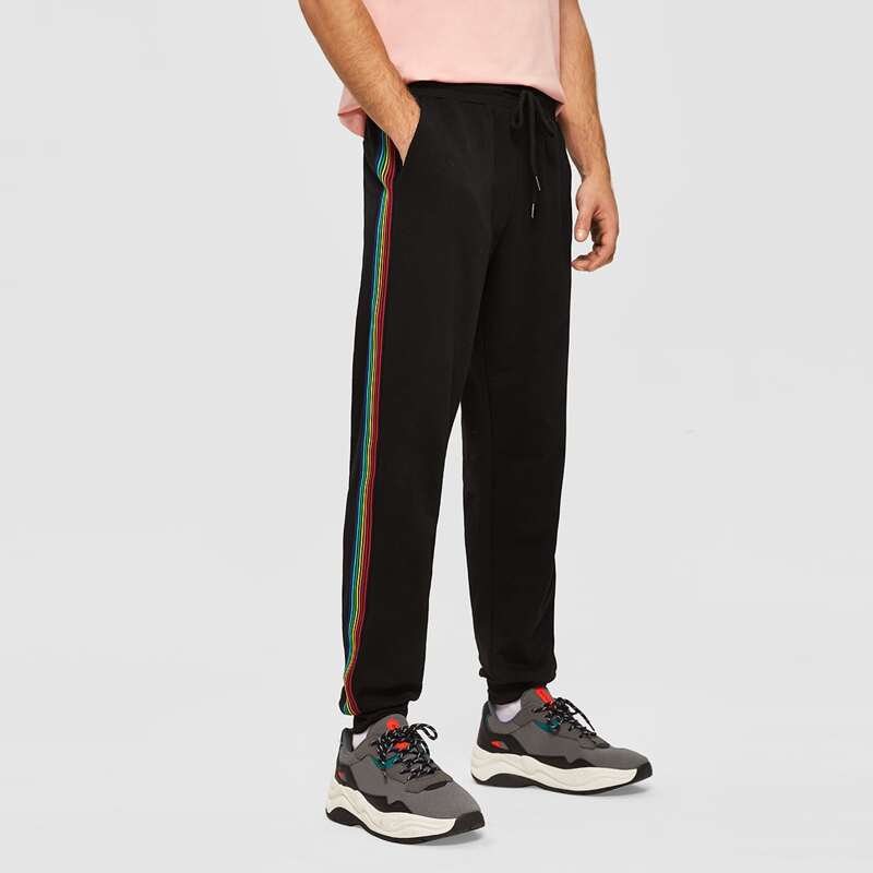 

Guys Drawstring Waist Rainbow Striped Side Joggers, Black
