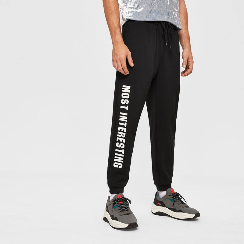 

Guys Drawstring Waist Slogan Graphic Sweatpants, Black