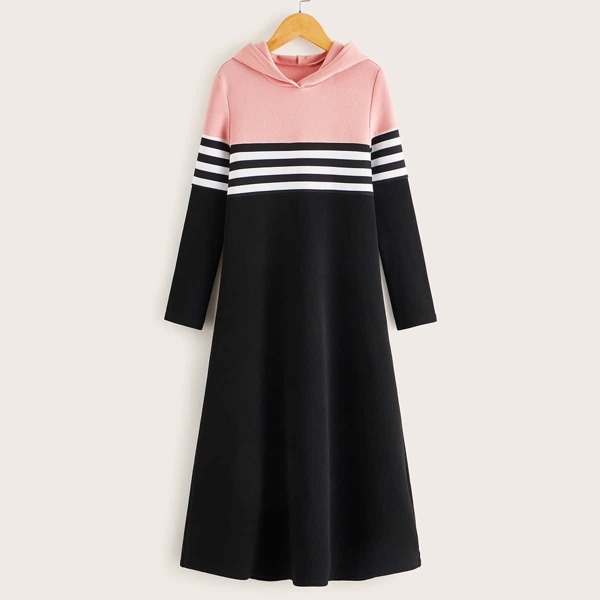 

Girls Colorblock Striped Hooded Dress, Black