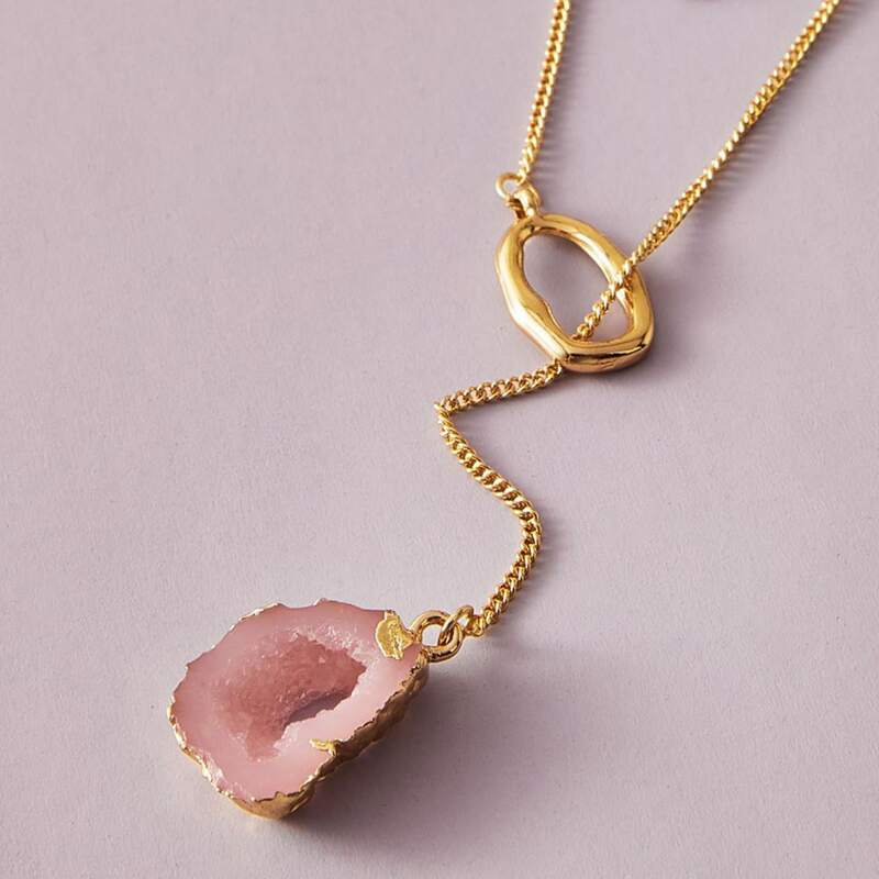 

1pc Stone Charm Layered Lariat Necklace, Gold