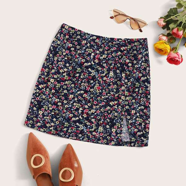 

Split Hem Ditsy Floral Mini Skirt, Multicolor