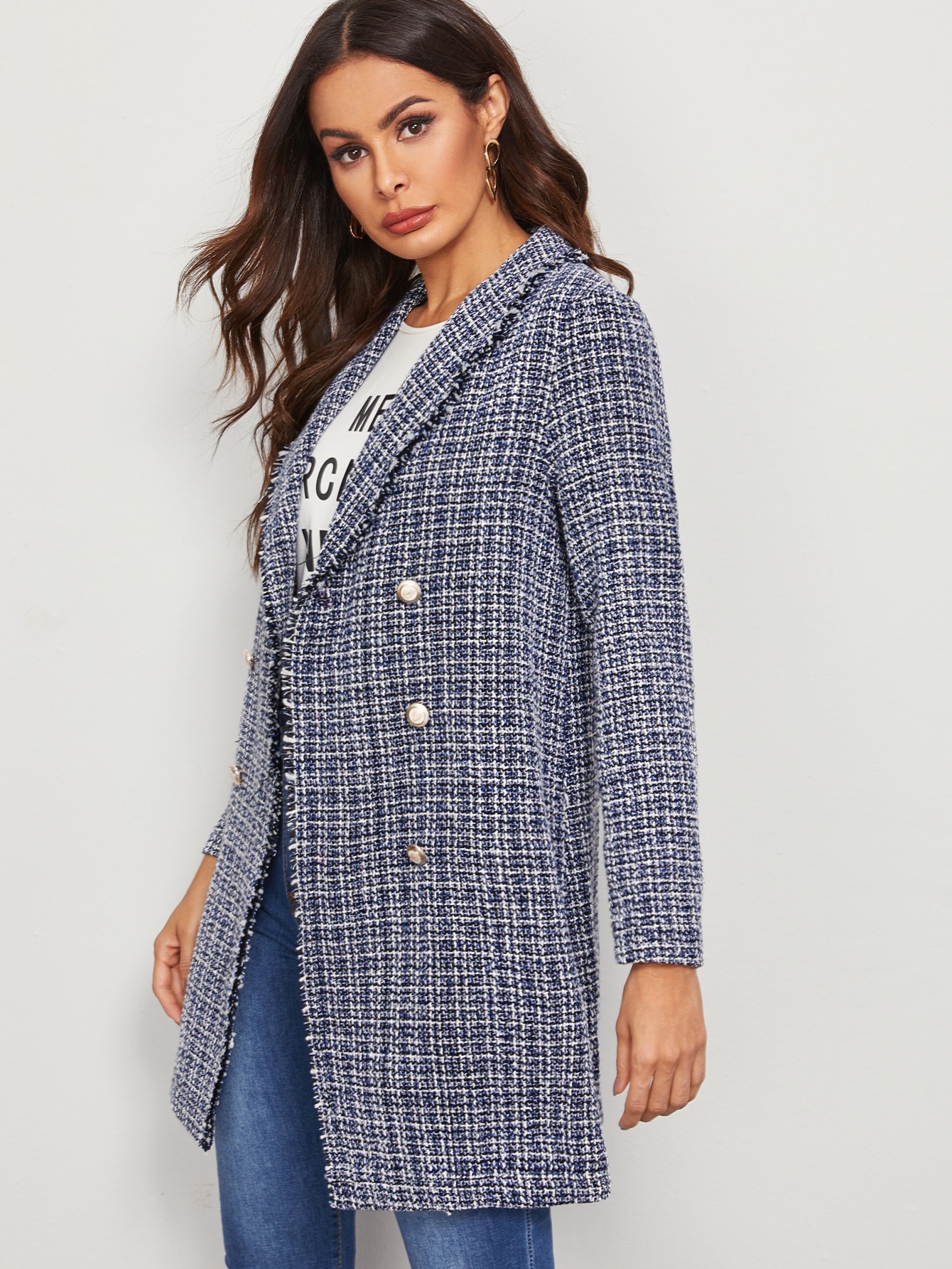 Cappotto tweed a quadri con collo a scialle e doppio petto | SHEIN ITALIA