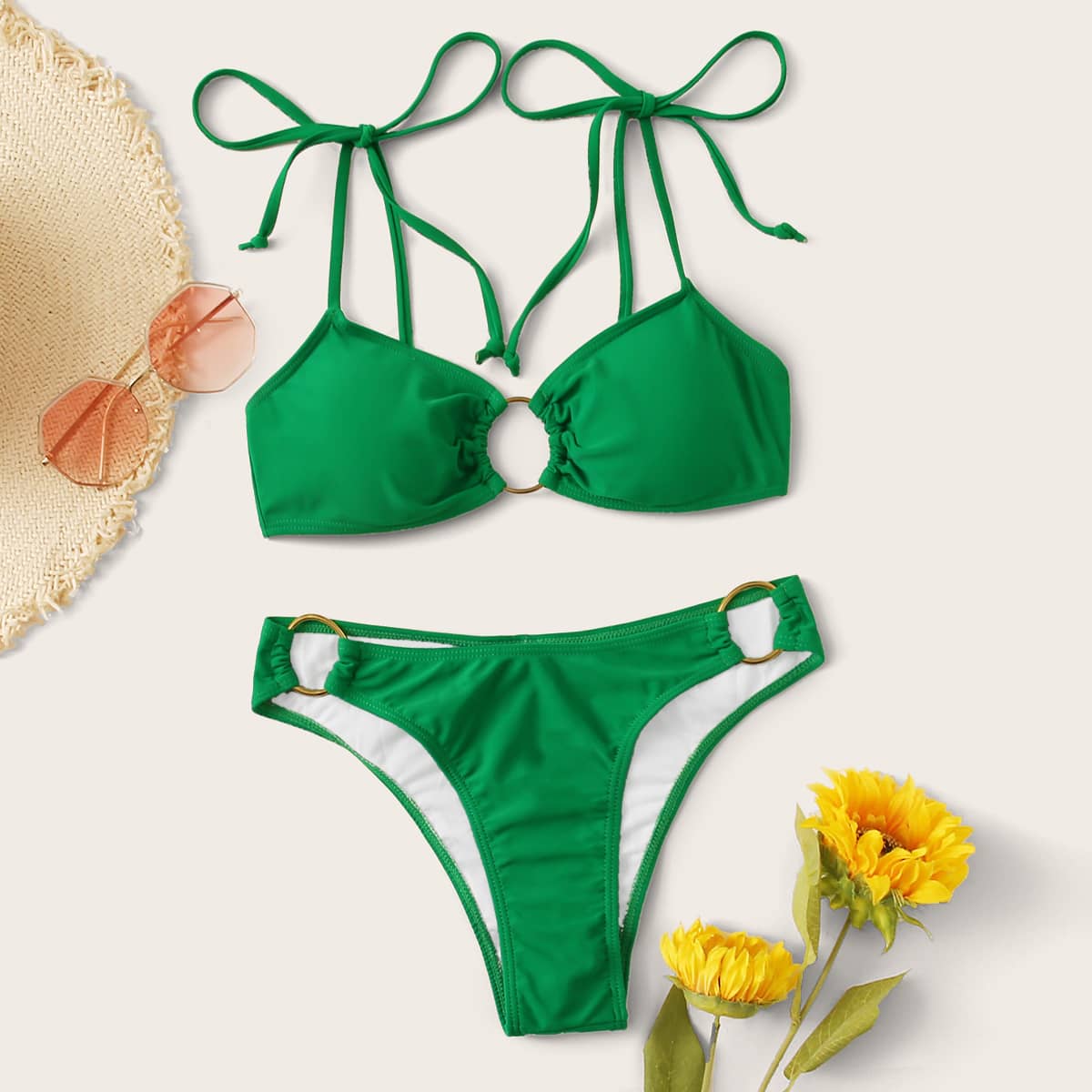 

Knot Shoulder Top With Ring Linked Bikini Set, Green