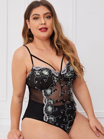 Plus Floral Embroidery Mesh Teddy Bodysuit