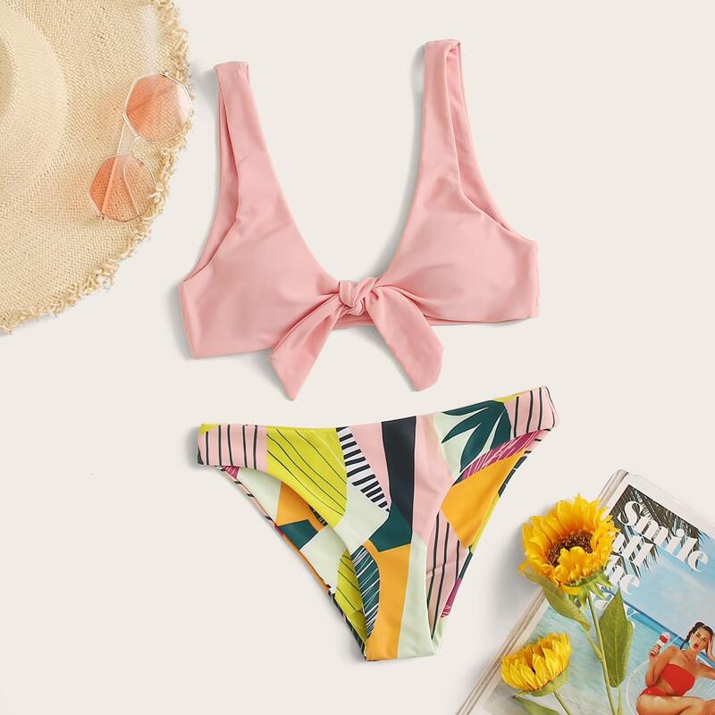 

Patchwork Knot Front Bikini Swimsuit, Multicolor
