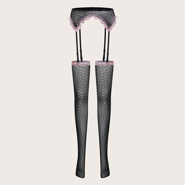 

Lace Trim Garter & Stockings, Black