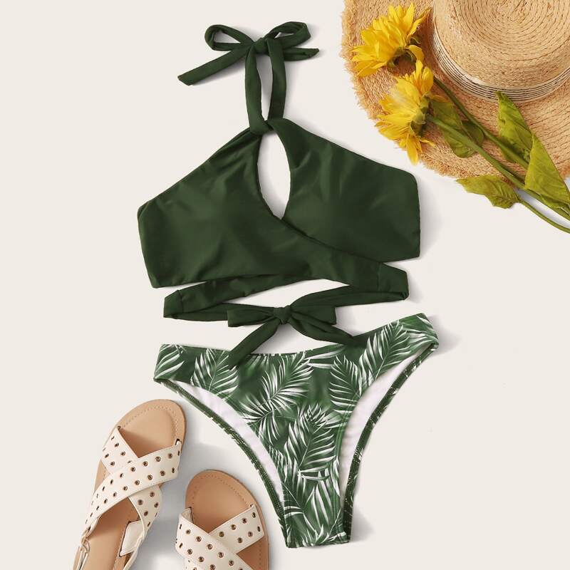 

Cutout Wrap Top With Leaf Print Bikini Set, Multicolor