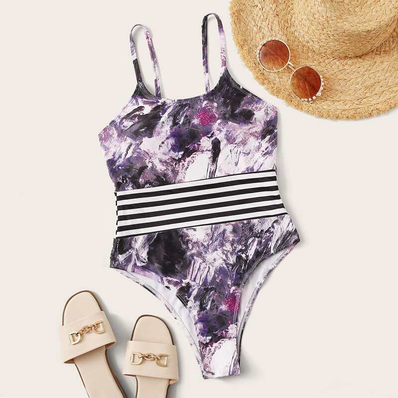 

Striped & Graphic Print One Piece Swimwear, Multicolor