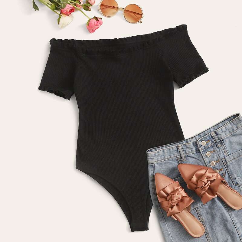 

Off Shoulder Ribbed Black Bodysuit