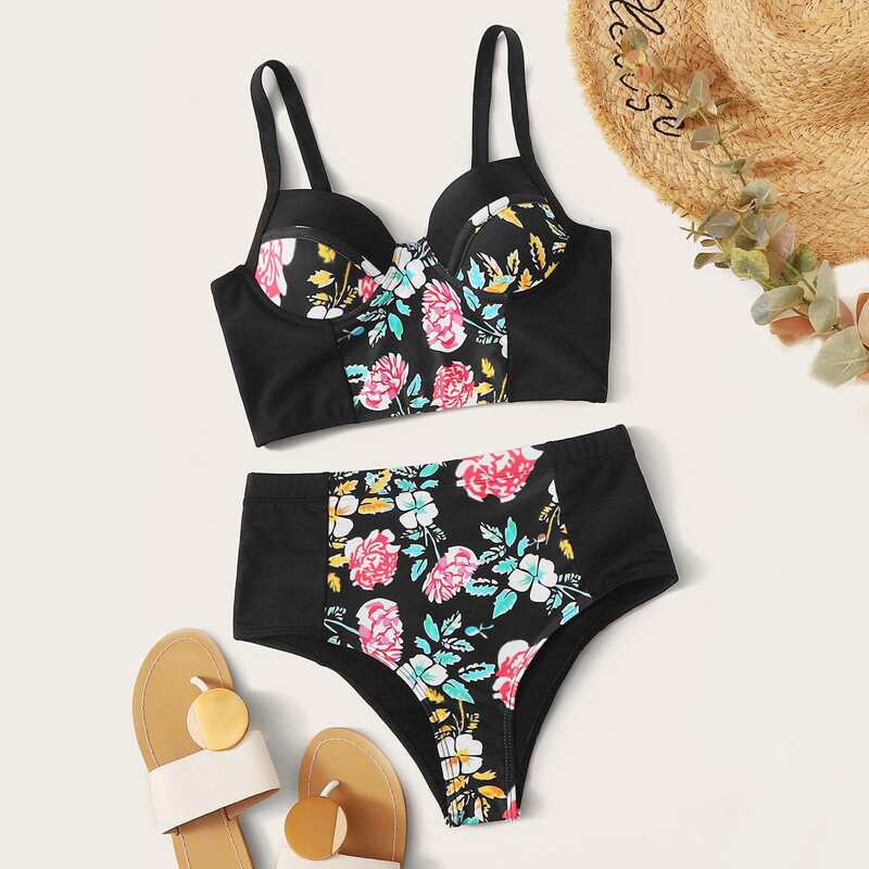 

Floral Print High Waisted Bikini Swimsuit, Black