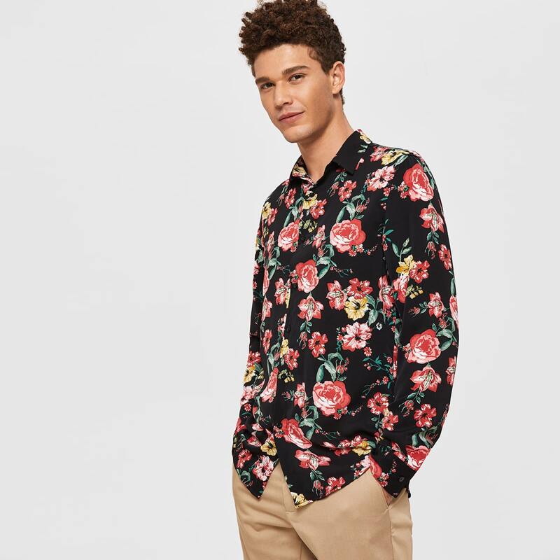 

Guys Curved Hem Floral Print Shirt, Multicolor
