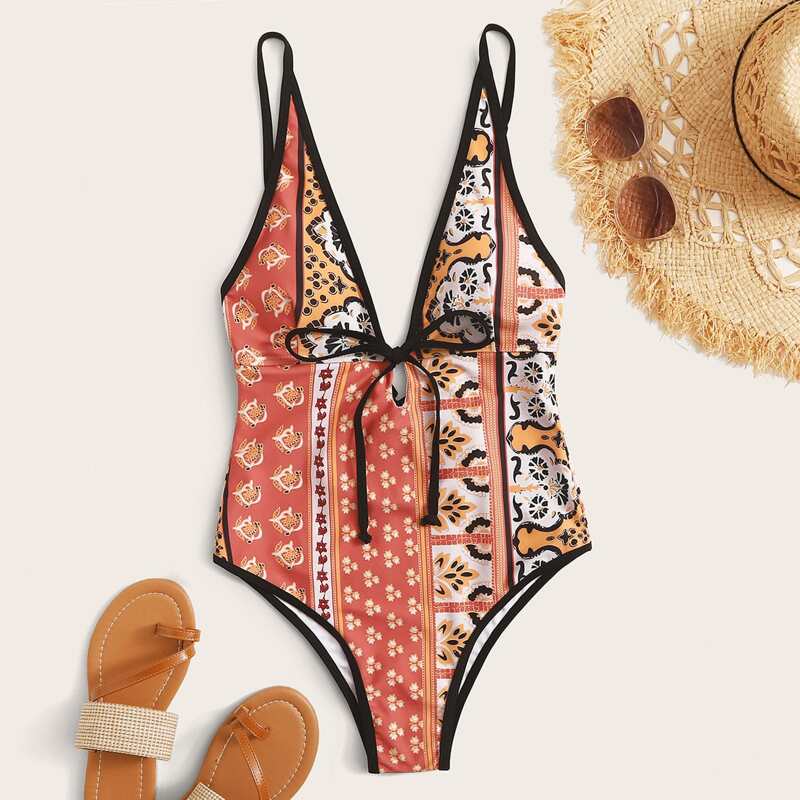 

Lace-up Front Tribal Print One Piece Swimwear, Multicolor