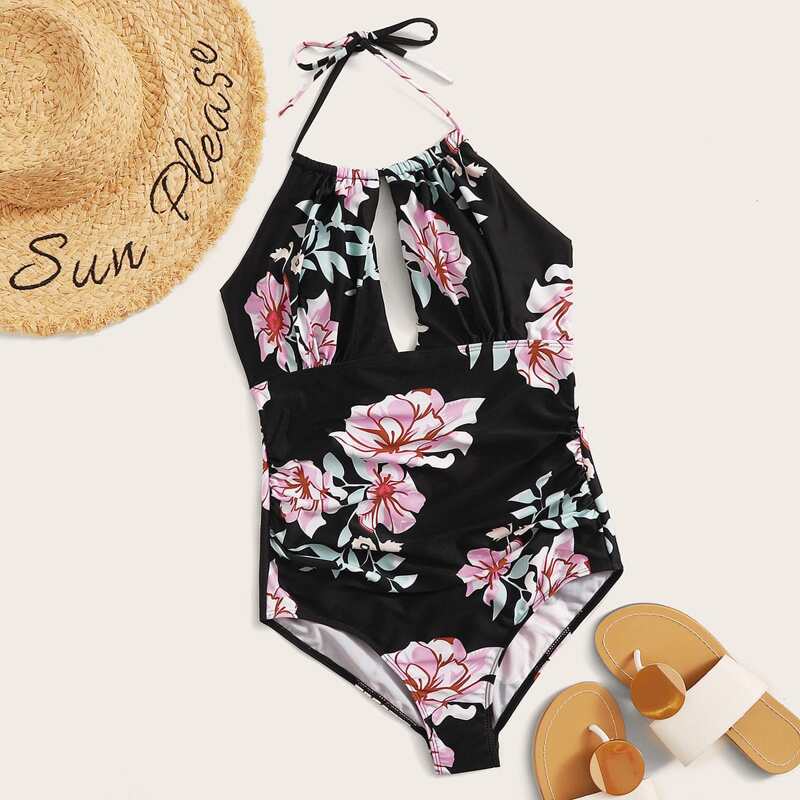 

Floral Print Halter One Piece Swimsuit, Black