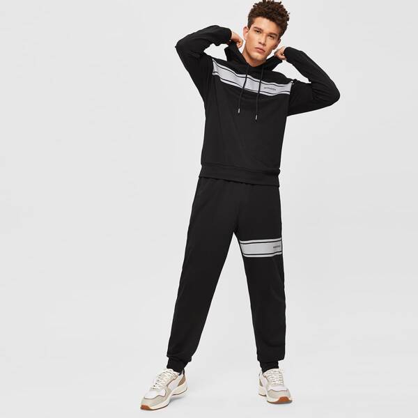 

Men Drawstring Detail Letter Graphic Hoodie & Joggers Set, Black