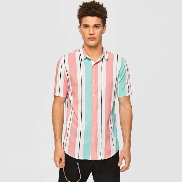 

Men Short Sleeve Striped Shirt, Multicolor