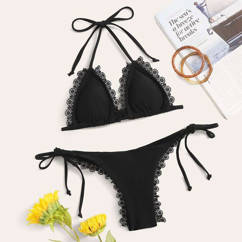 

Flower Trim Halter Top With Tie Side Bikini Set, Black