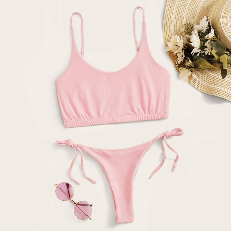 

Solid Spaghetti Strap Top With Tie Side Bikini Set, Pink