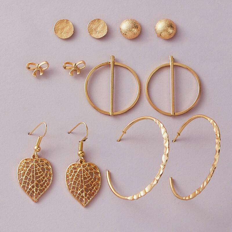 

6pairs Leaf & Bow Knot Decor Earrings, Gold