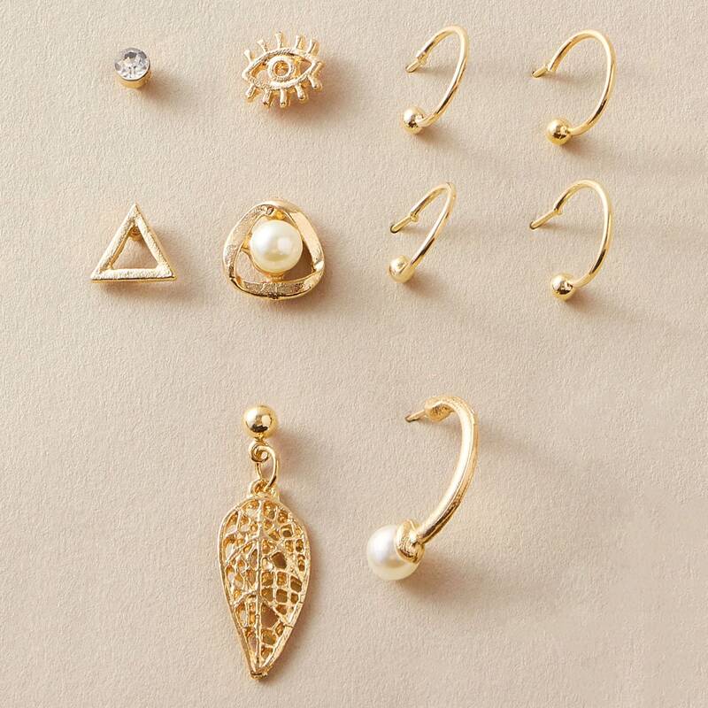 

10pcs Faux Pearl & Leaf Decor Earrings, Gold
