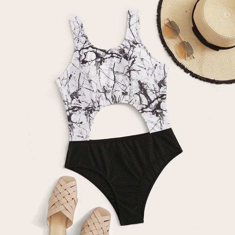 

Marble Random Print One Piece Swimwear, Black and white