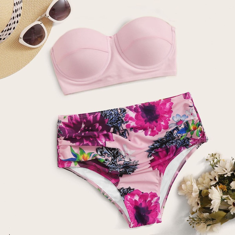 

Lace-up Back Bandeau With Floral Print Bikini Set, Multicolor
