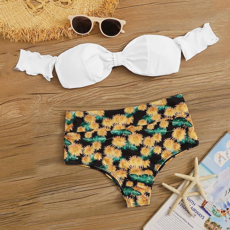 

Bardot Top With Sunflower High Waist Bikini Set, Multicolor