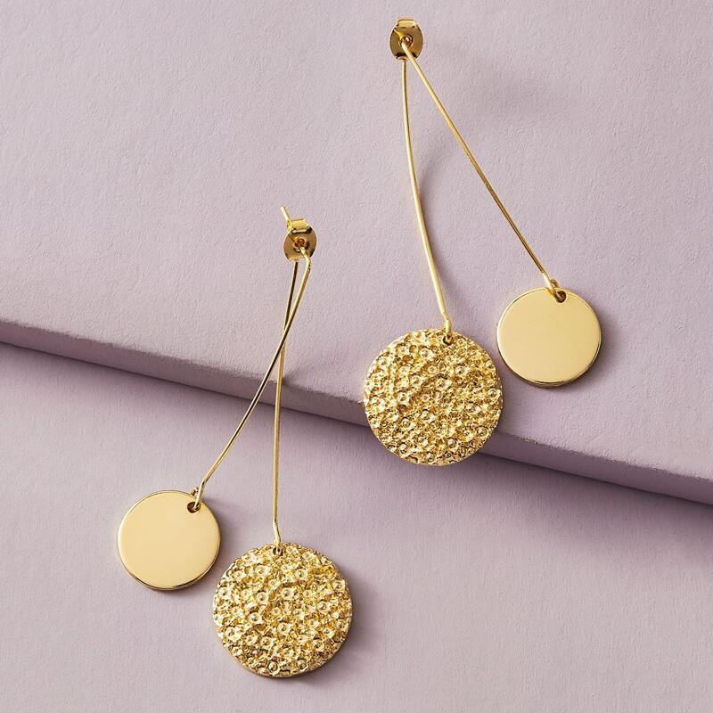 

1pair Textured Round Drop Earrings, Gold