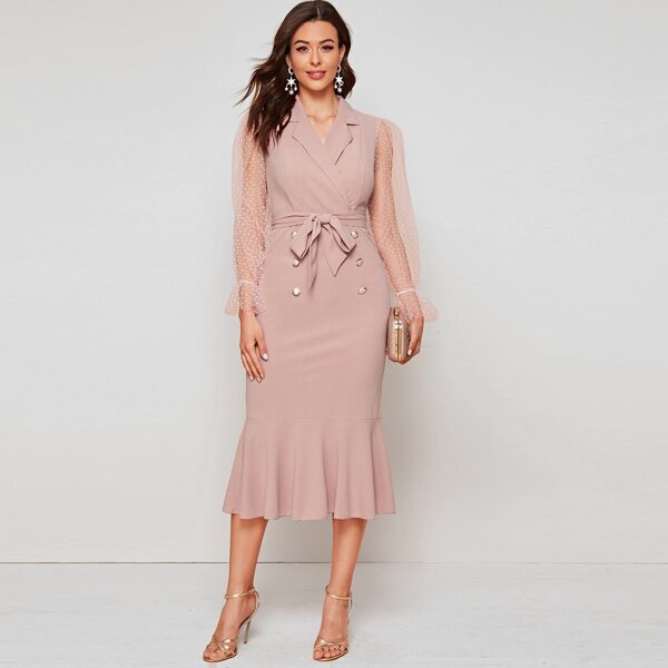 

Contrast Dobby Mesh Surplice Lapel Mermaid Dress, Pink pastel