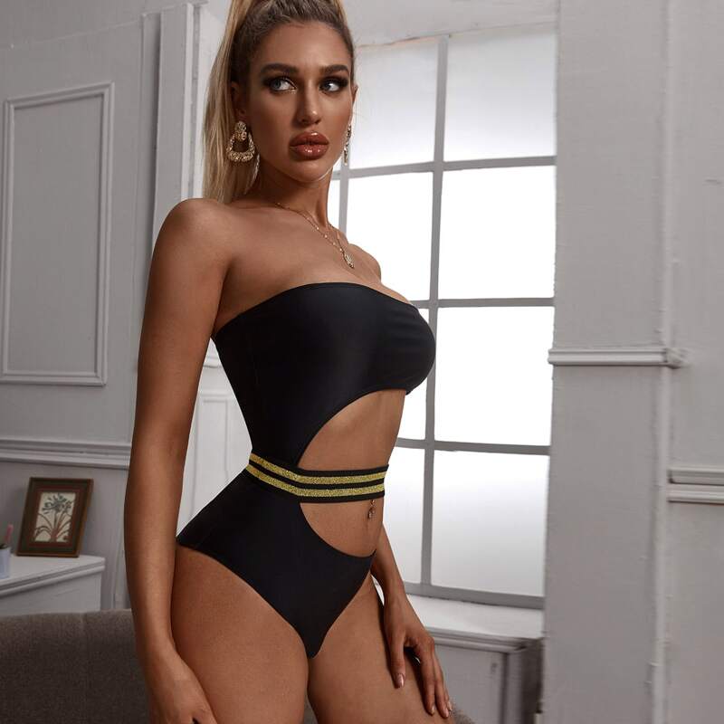 

Striped Cut-out Bandeau One Piece Swimwear, Black