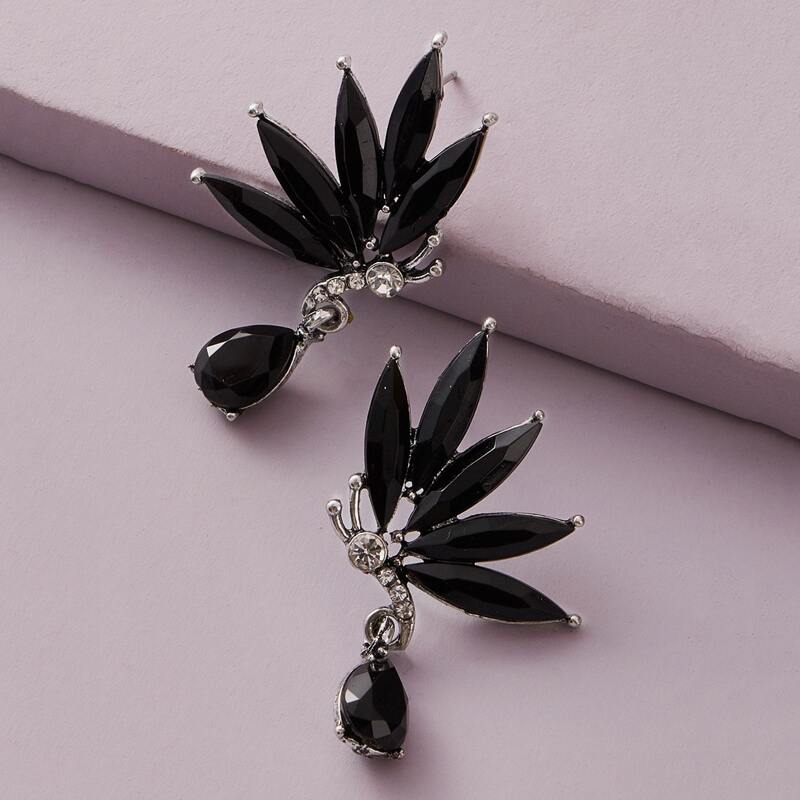 

1pair Gemstone Flower Design Stud Earrings, Black