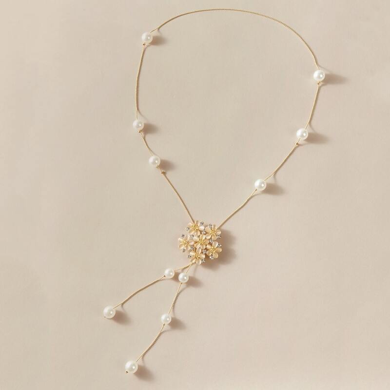 

1pc Faux Pearl & Flower Decor Necklace, Gold