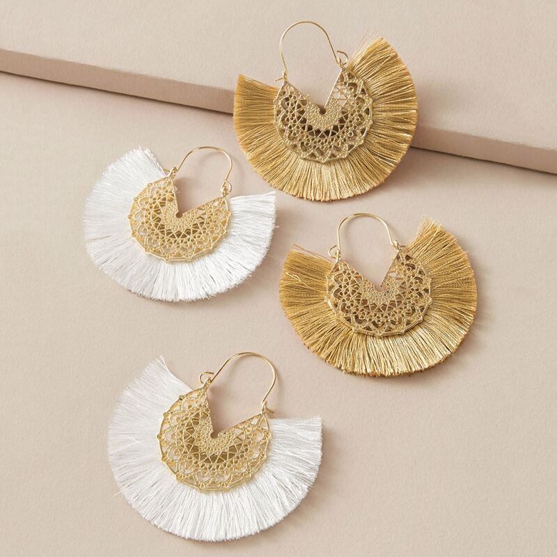 

2pairs Hollow Out Fan Tassel Drop Earrings, Multicolor