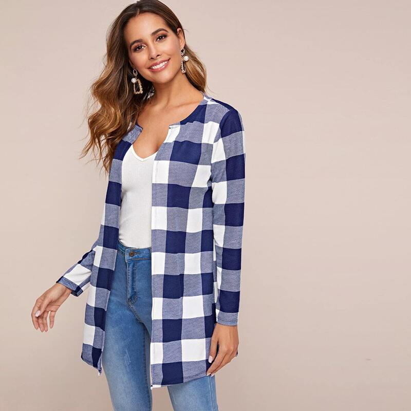 

Open Front Gingham Coat, Blue and white