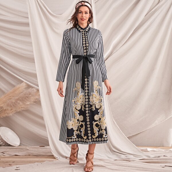 

Baroque and Striped Print Self Belted Shirt Dress, Black and white