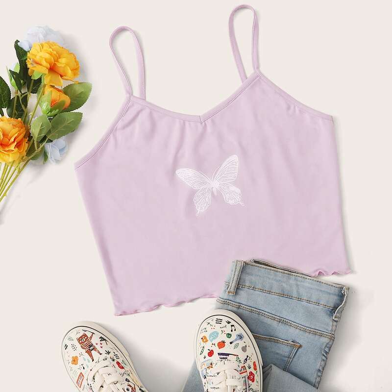 

Butterfly Print Purple Cami Top, Purple pastel