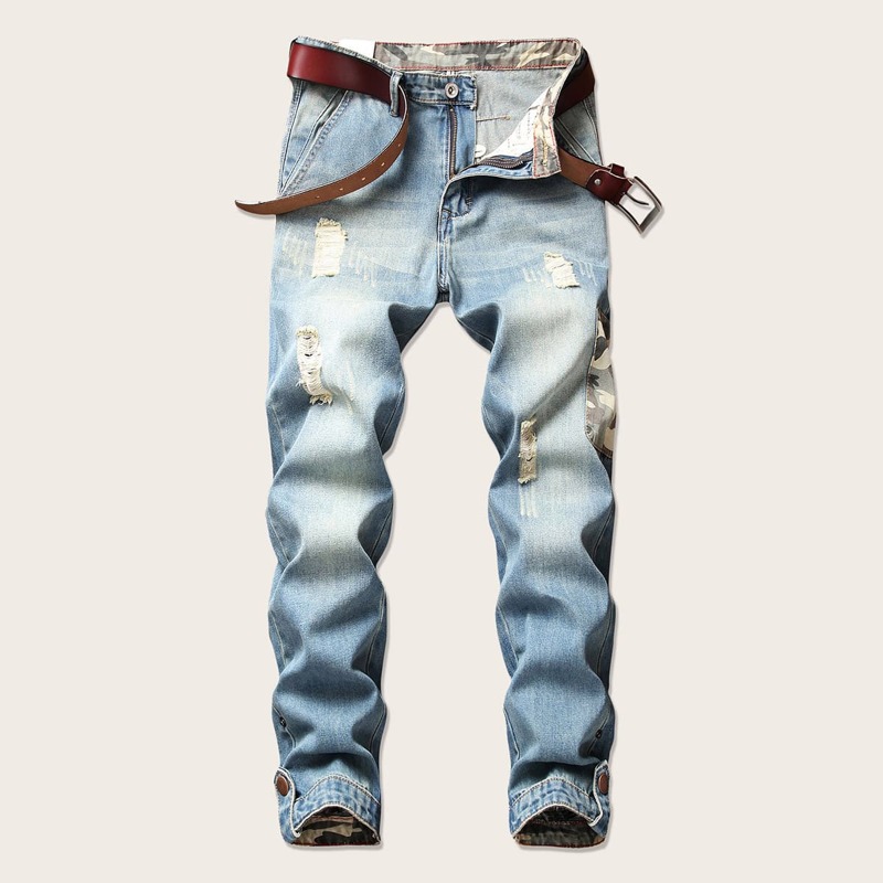 

Guys Camo Buckle Hem Ripped Jeans, Blue
