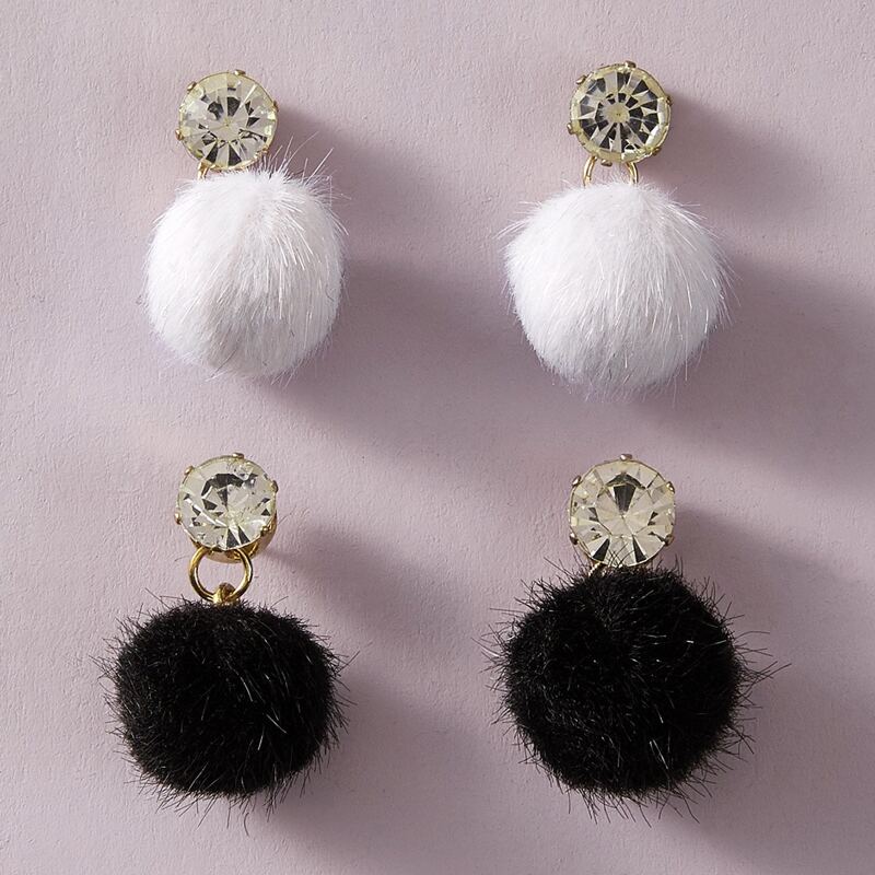 

2pairs Rhinestone & Fluffy Pom Pom Drop Earrings, Black and white
