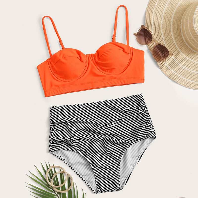 

Striped Push Up High Waist Bikini Swimsuit, Multicolor