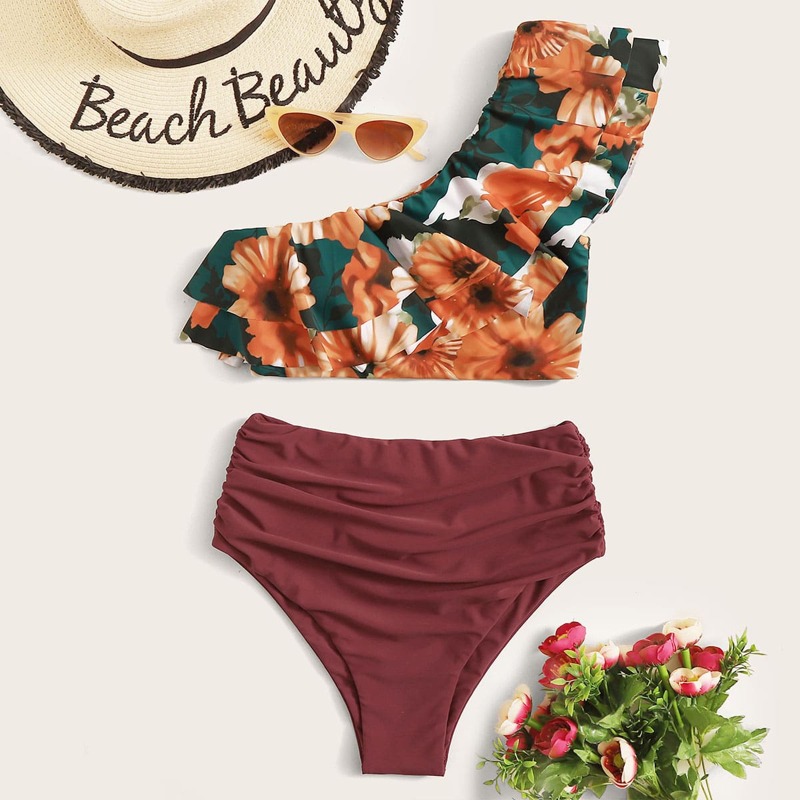

Floral Print Tiered Layer Top With High Waist Bikini, Multicolor
