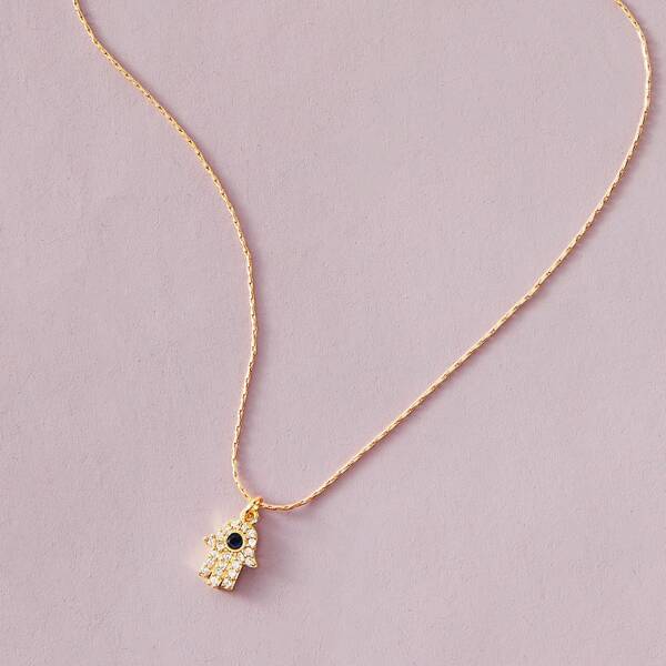 

1pc Rhinestone Engraved Hand Charm Necklace, Gold