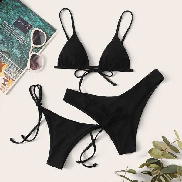 

3pcs Triangle High Cut & Tie Side Panty Bikini Swimsuit, Black