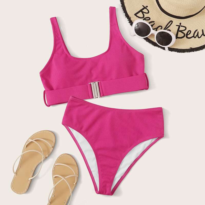 

Textured Belted High Waisted Bikini Swimsuit, Hot pink bright