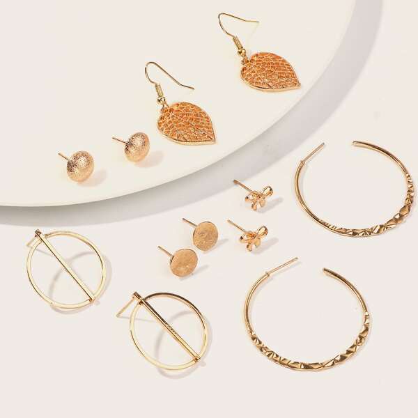 

6pairs Leaf & Bow Knot Decor Earrings, Gold