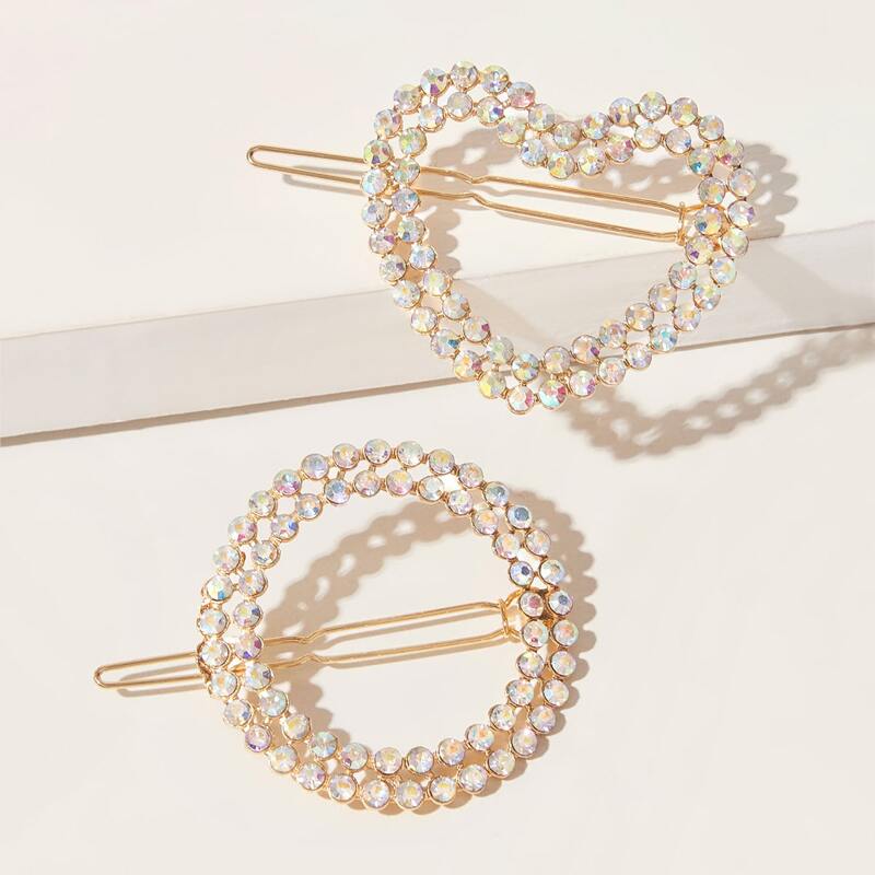 

2pcs Rhinestone Engraved Heart Shaped Hair Clip, Multicolor
