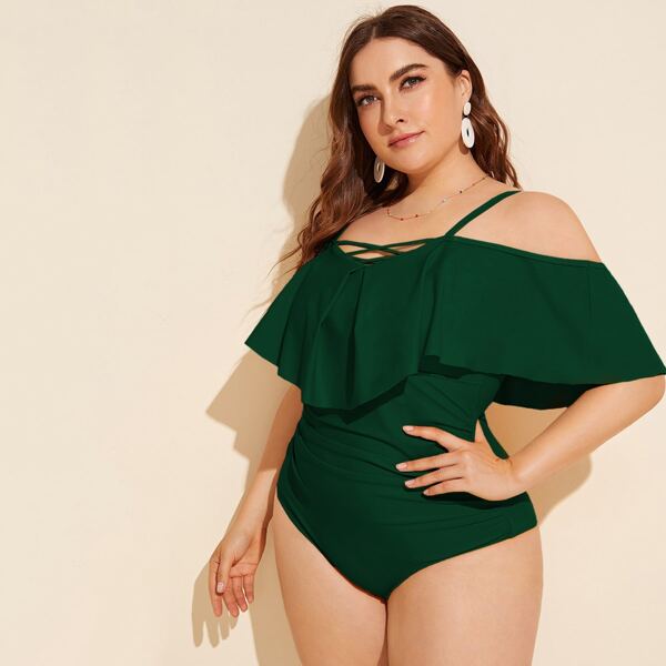 

Plus Hanky Hem Criss Criss One Piece Swimsuit, Dark green