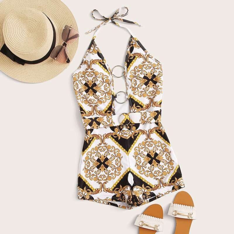 

Baroque Random Print Belted Halter One Piece Swimsuit, Multicolor