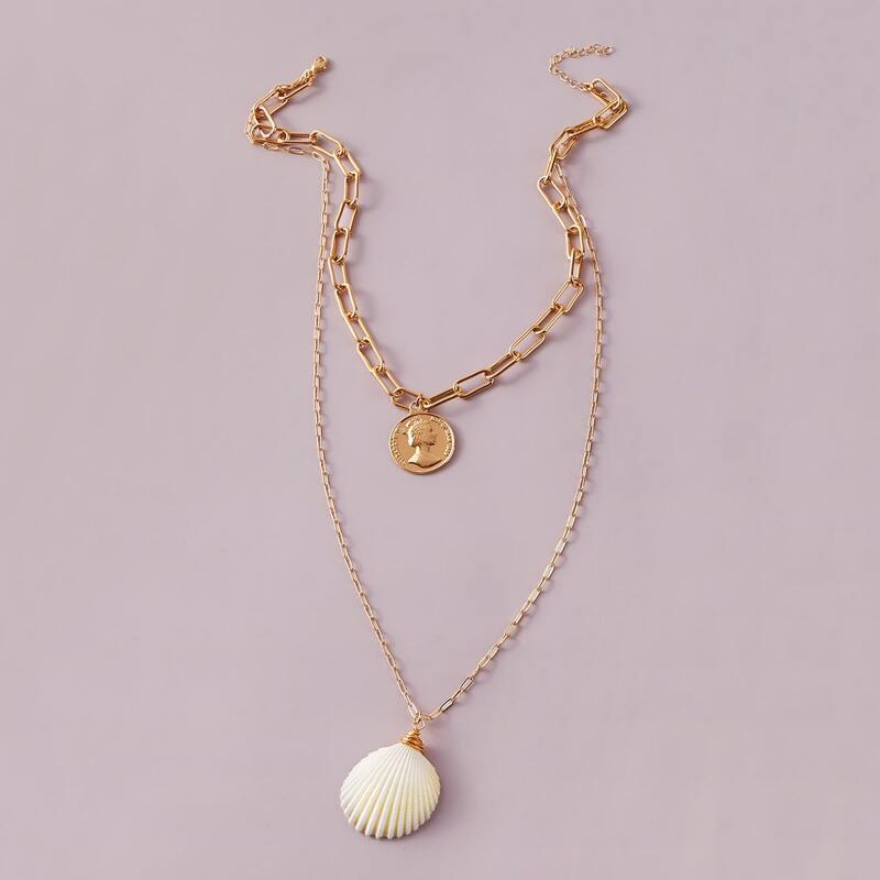 

1pc Shell & Coin Charm Layered Necklace, Gold