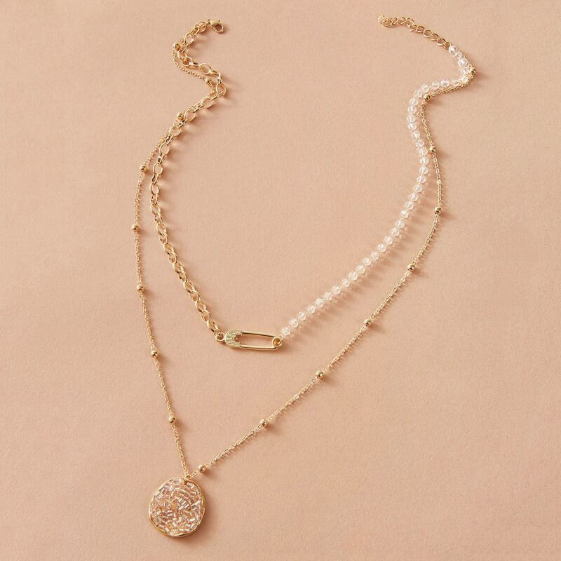

1pc Crystal & Safety Pin Charm Layered Necklace, Gold