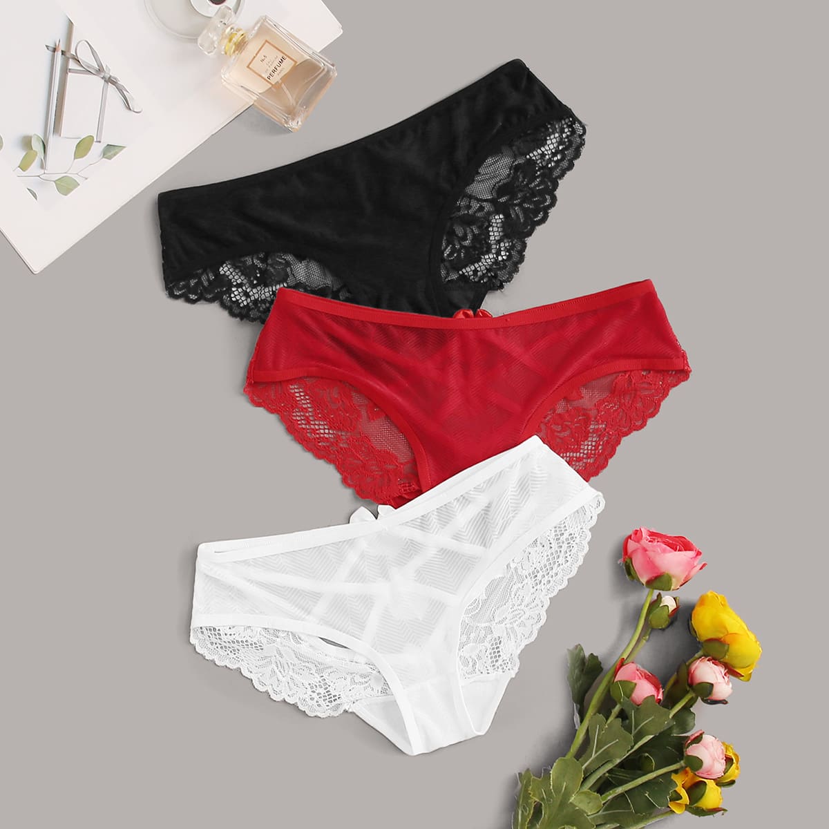 

3pack Floral Lace Criss Cross Panty Set, Multicolor